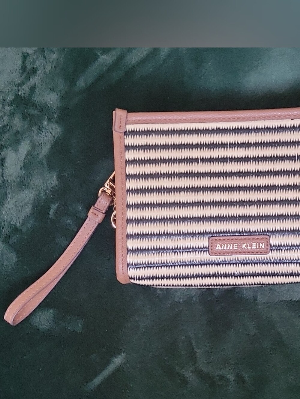 Anne Klein Striped Woven Wristlet Clutch Black Cream Tan Coastal Preppy Boho